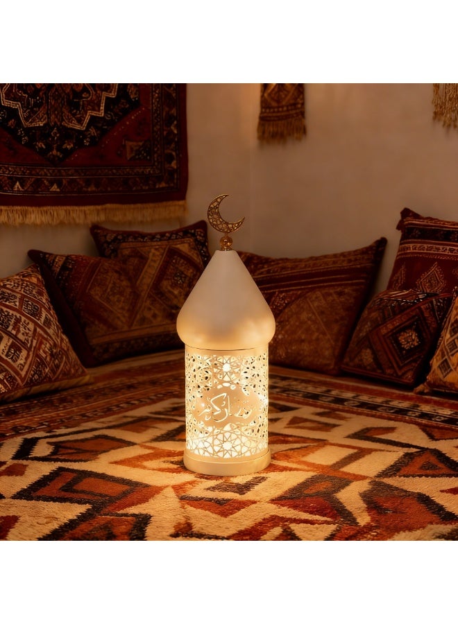 Ramadan Moroccan Lantern, White Hollow Out Metal LED Light with Gold Moon Topper for Indoor Outdoor Home Decor, Table Centerpieces, Ramadan, Eid, Wedding Decorations, FD778-S - Image 3